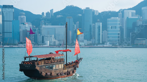 Traditional Junk Boat At Victoria Harbour In Hong Kong On October 9, 2018