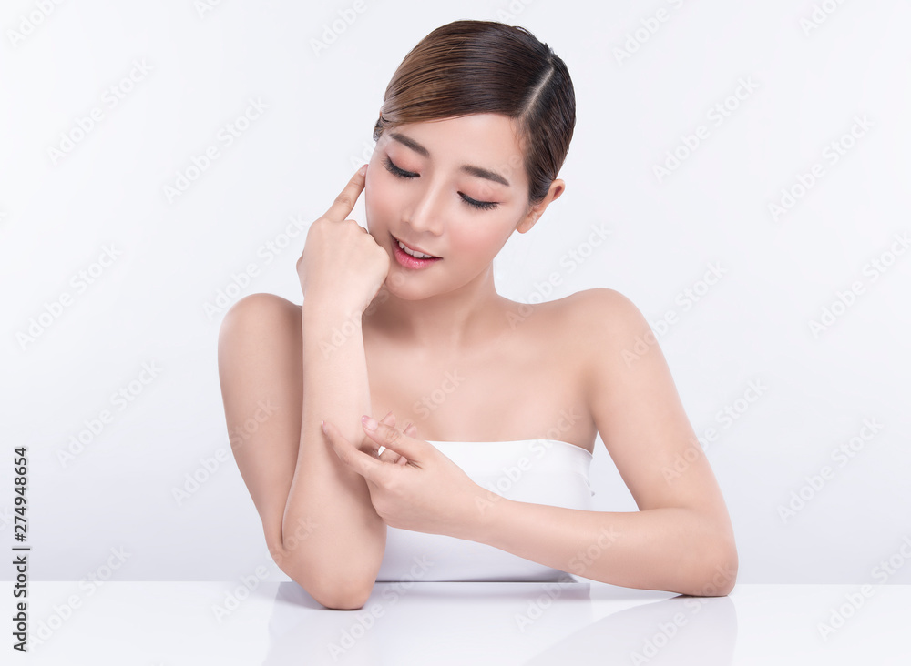 Beauty Young asian woman with perfect facial skin. Gestures for advertisement treatment spa and cosmetology. Beauty Young asian woman with perfect facial skin. Gestures for advertisement treatment spa and cosmetology.