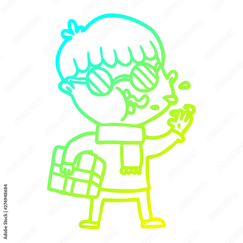 cold gradient line drawing cartoon boy wearing spectacles with christmas gift cold gradient line drawing cartoon boy wearing spectacles with christmas gift