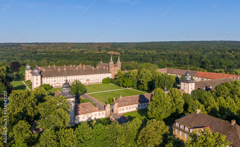 Aerial view of The Princely Abbey of Corvey in North Rhine-Westphalia, Germany