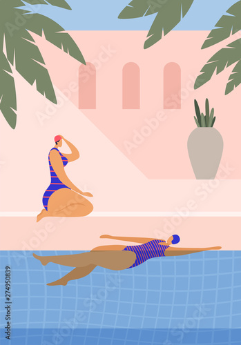Cute girls relax by the water and spend their leisure time in the fresh air. Young woman swimming on her back. Plump girl in a swimsuit sunbathes around the pool. Summer relaxing holiday. Flat style.