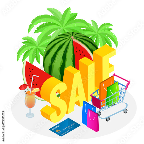 Isometric Summer Sale Promo web banner template, discount offer. Promo badge for your seasonal design. Sale Background with Watermelon.