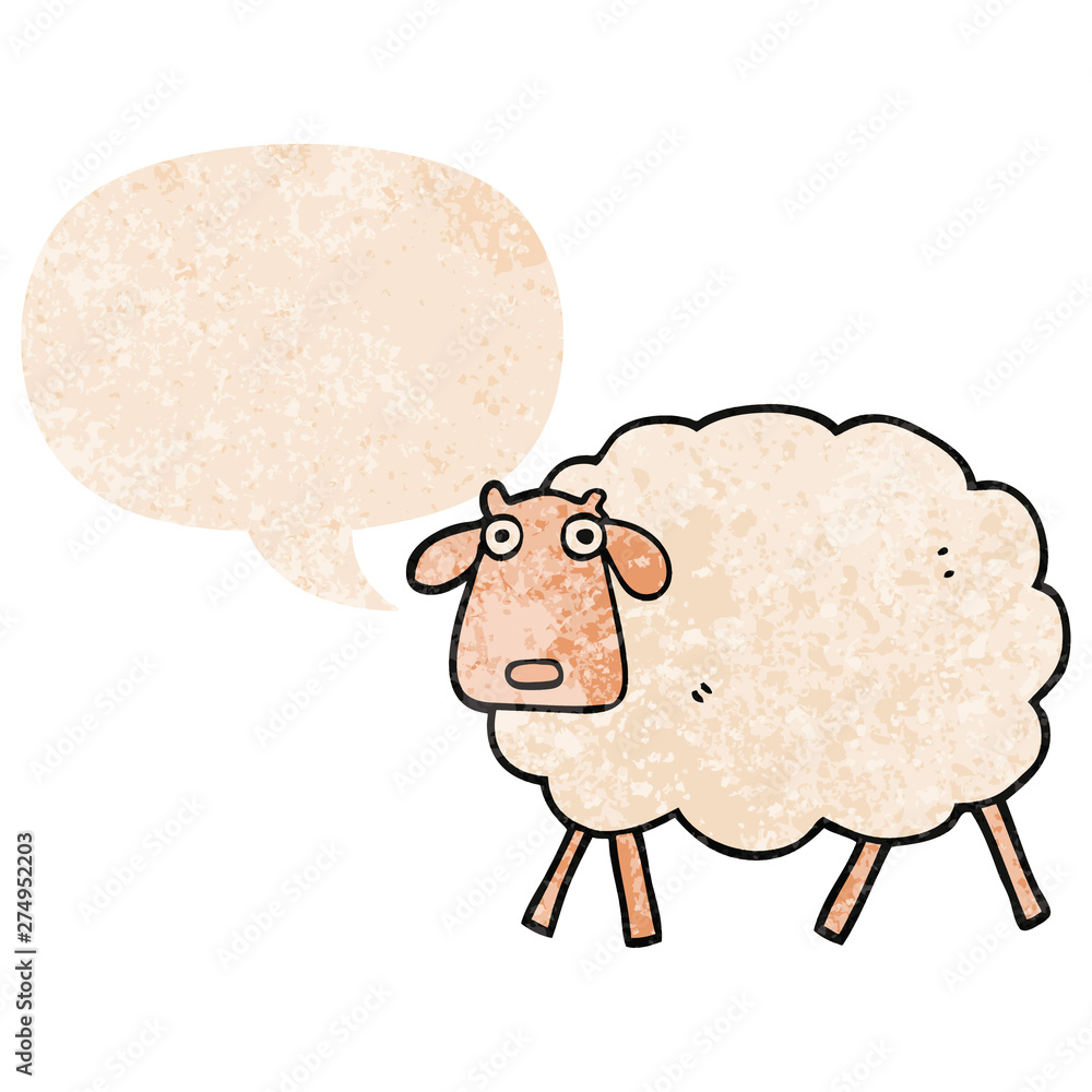 Obraz premium cartoon sheep and speech bubble in retro textured style