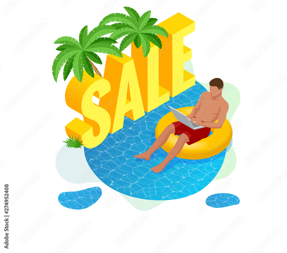 Isometric Summer Sale Promo web banner template, discount offer. Promo badge for your seasonal design. Sale Background.