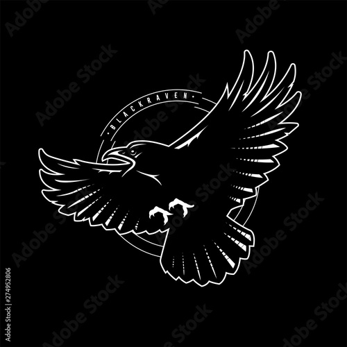 Black raven in flight, logo, emblem on a dark background. Vector illustration.