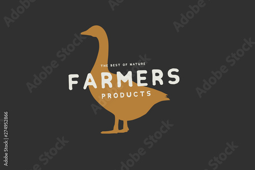 Logo template with the image of the silhouette of a goose and the inscription farm product. Emblem for butcher shops, markets, packaging and advertising. Vector illustration on dark background.