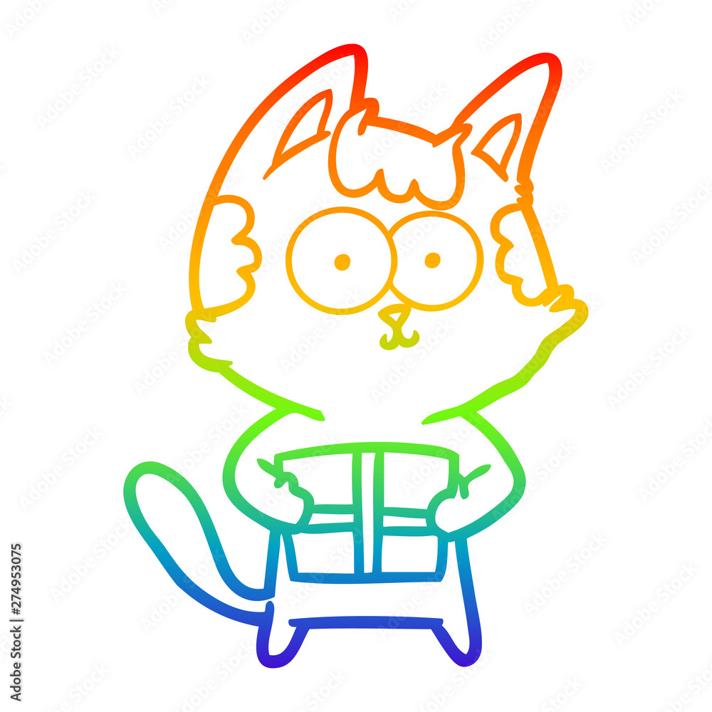 rainbow gradient line drawing happy cartoon cat with present rainbow gradient line drawing happy cartoon cat with present