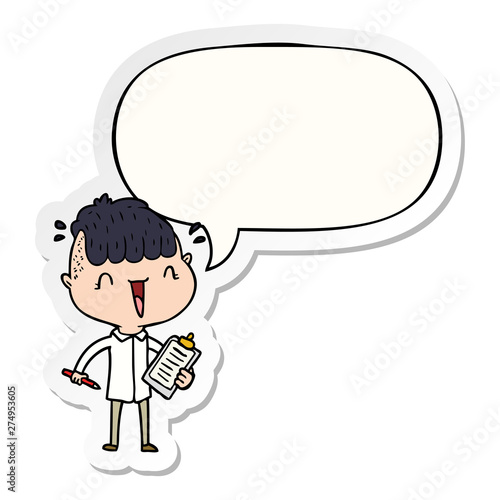 cartoon happy boy surprised and speech bubble sticker