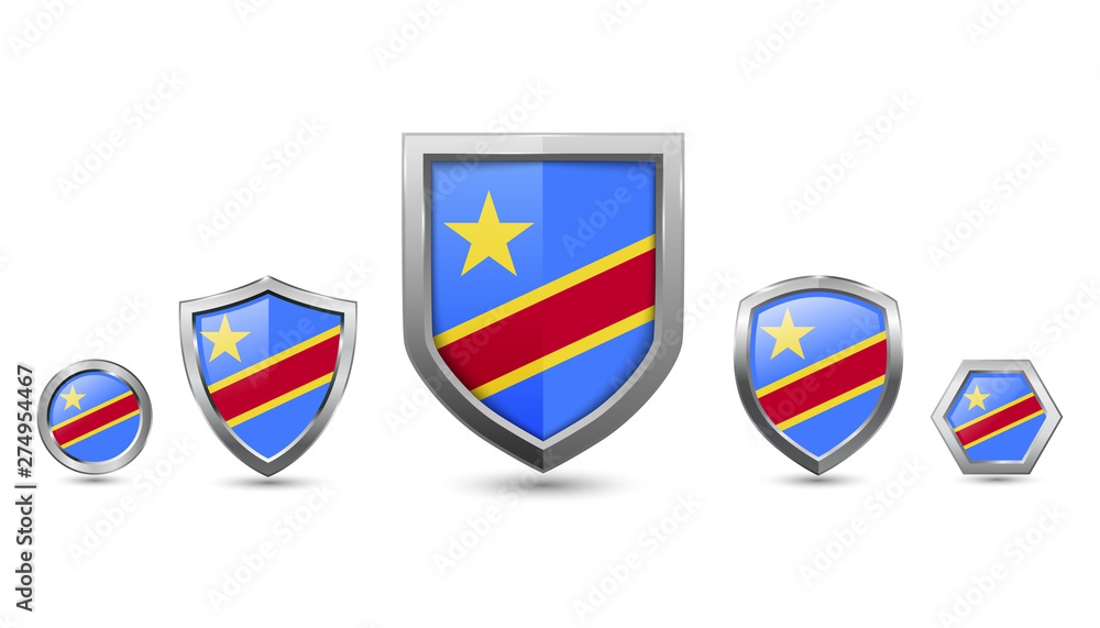 set of Congo democratic republic country flag with metal shape shield badge