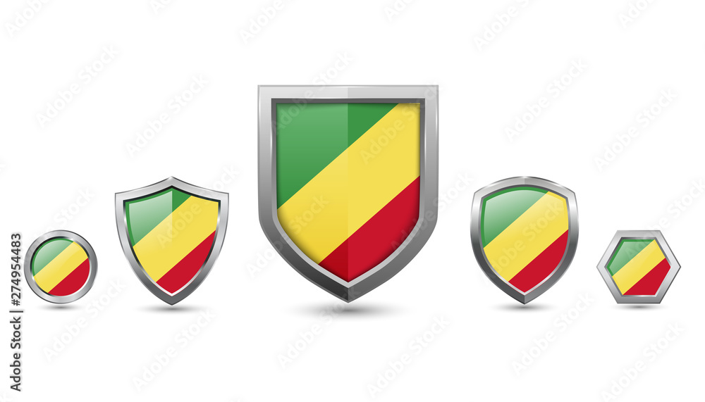 set of Congo republic country flag with metal shape shield badge set of Congo republic country flag with metal shape shield badge