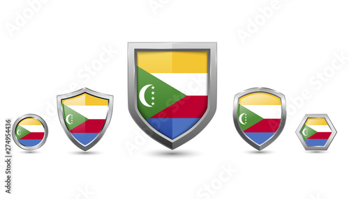 Free Download set of comoros country flag with metal shape shield badge - GFXLoad