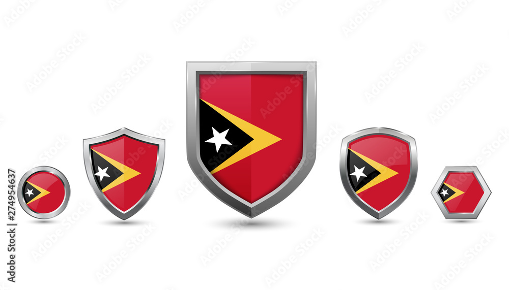 set of East timor country flag with metal shape shield badge set of East timor country flag with metal shape shield badge