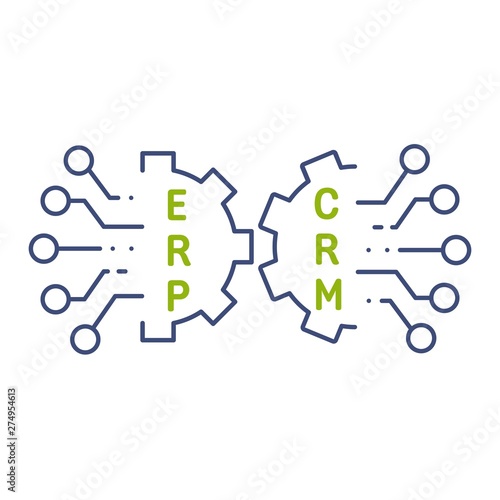 ERP and CRM Enterprice Resource Planning and Customer Relationship Management. Vector linear icon. White background.