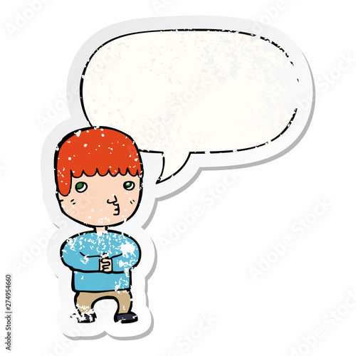 cartoon man thinking and speech bubble distressed sticker