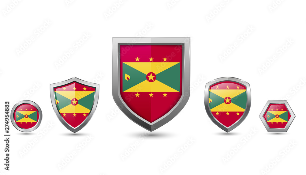 set of grenada country flag with metal shape shield badge set of grenada country flag with metal shape shield badge