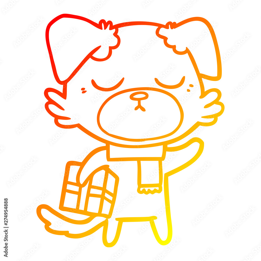 warm gradient line drawing cute cartoon dog with christmas present warm gradient line drawing cute cartoon dog with christmas present