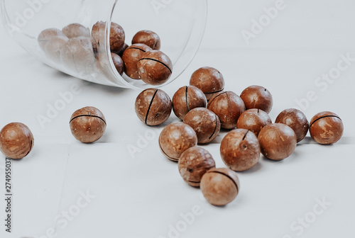  inshell macadamia nuts on light gray background. macadamia in a glass jar photo