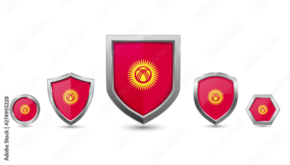 Set of kyrgyztan country flag with metal shape shield badge Set of kyrgyztan country flag with metal shape shield badge