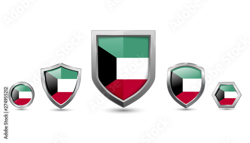 Free Download Set of kuwait country flag with metal shape shield badge - GFXLoad