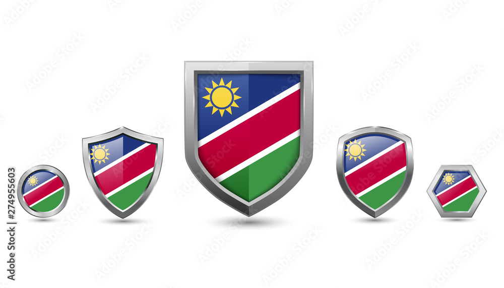 Set of namibia country flag with metal shape shield badge Set of namibia country flag with metal shape shield badge