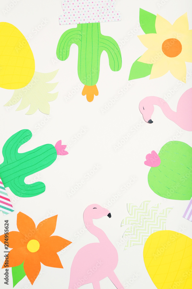 Paper cactuses, flamingos, pineapples and flowers on white background. Minimalism concept