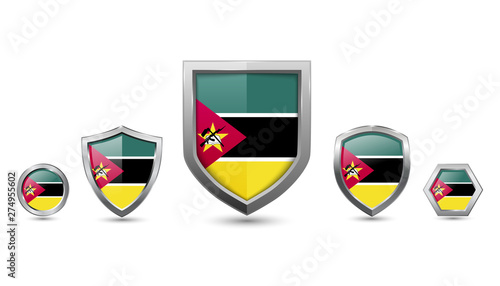 Set of mozambique country flag with metal shape shield badge Free Download Set of mozambique country flag with metal shape shield badge - GFXLoad