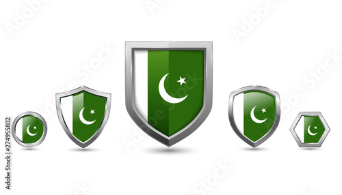 Set of pakistan country flag with metal shape shield badge