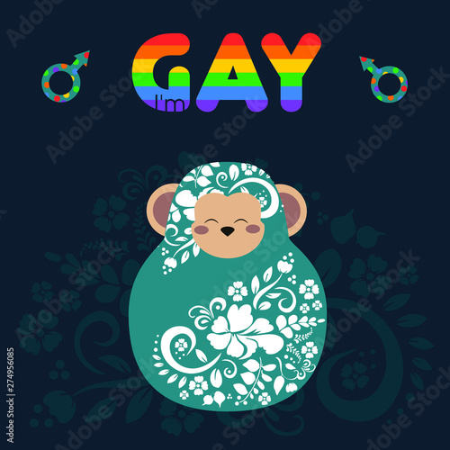 I am gay - kawaii matrioshka monkey symbol of self-acceptance, badge lgbt