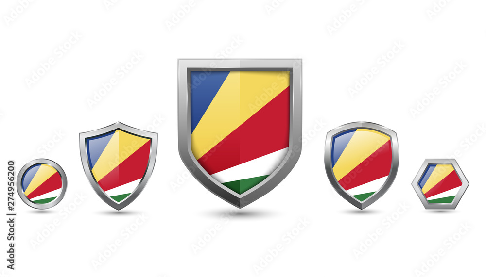 Set of seychelles country flag with metal shape shield badge Set of seychelles country flag with metal shape shield badge