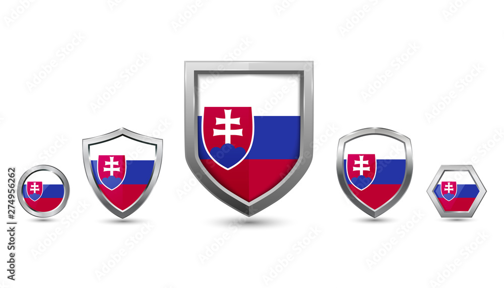 Set of Slovakia country flag with metal shape shield badge Set of Slovakia country flag with metal shape shield badge