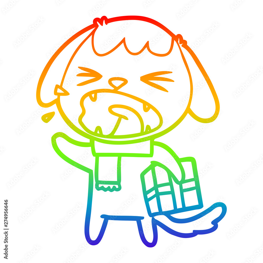 rainbow gradient line drawing cute cartoon dog with christmas present rainbow gradient line drawing cute cartoon dog with christmas present