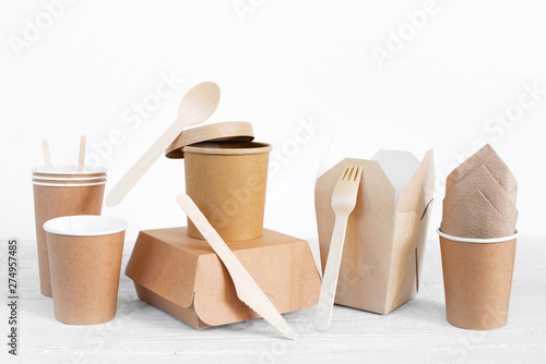 Eco-Friendly disposable tableware on the white table photo