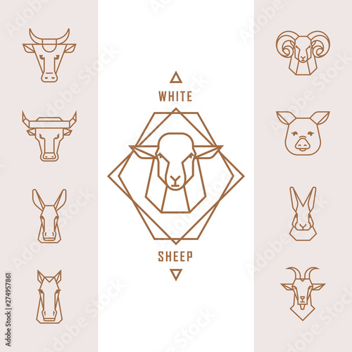 Big farm animals illustrations vector set of 9 illustration.