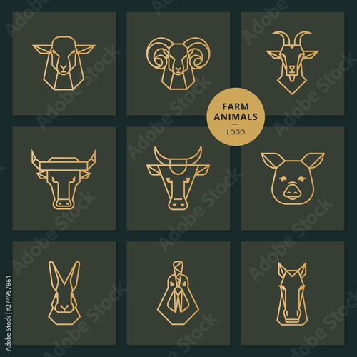 Vector logos of American food, a large set of vectors icons of heads of farm animals in a linear style isolated on background.