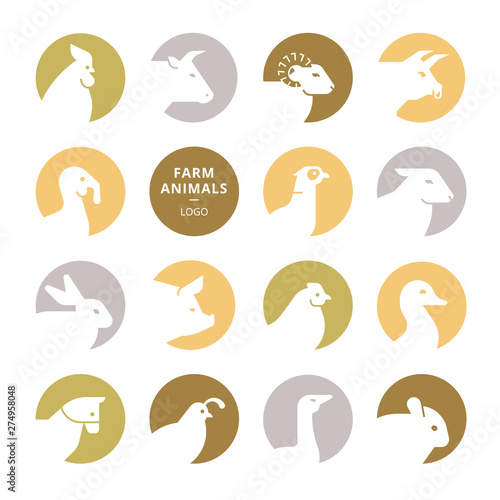 Set of colorful vector farm animal logos in flat style isolated on white background. Logo for meat shop, cafe, and others.