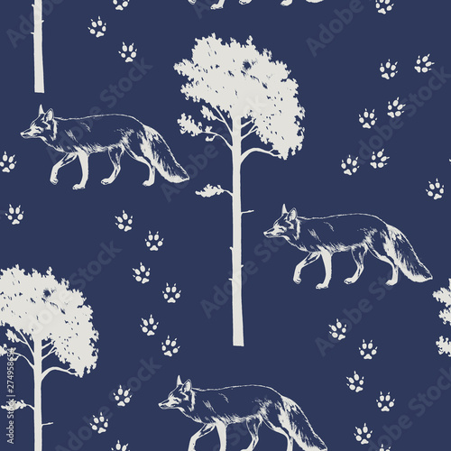 Vector seamless pattern with fox walking under the trees. Forest hand drawn illustration.