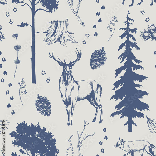 Vector seamless pattern with deer, pine cones, trees, fox, berries and nut. Forest hand drawn illustration.