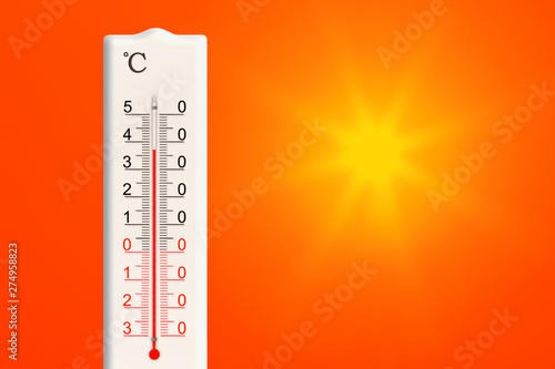 Summer heat. Thermometer shows high temperature in summer. Outdoor temperature plus 37 degrees