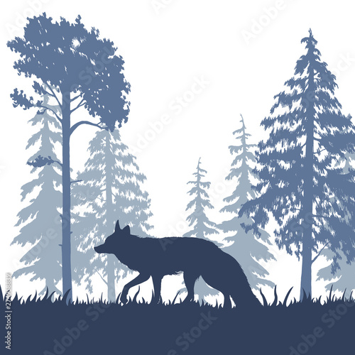 Fox silhouette with trees on background. Wildlife vector illustration. Forest animal.