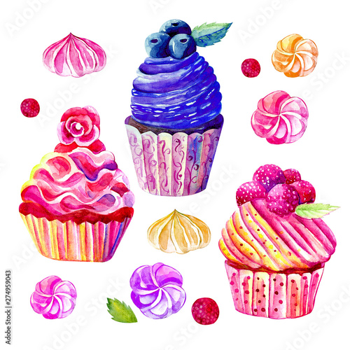 Set of cakes and sweets. Raspberry and blueberry muffins. Multi-colored marshmallows. Watercolor illustration. Objects isolated on white background.