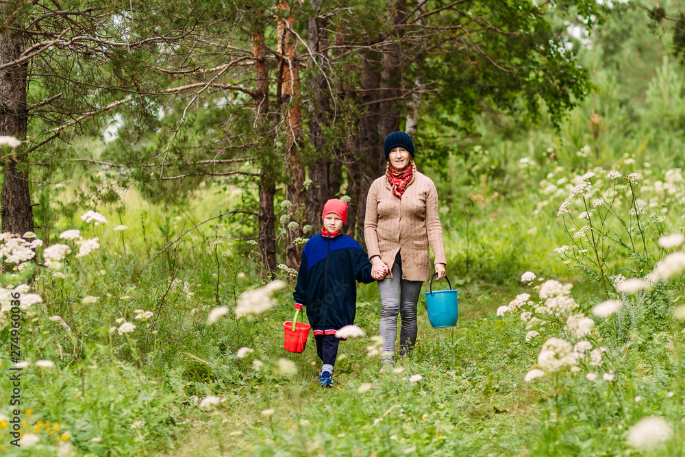 young Caucasian grandmother and boy walking in the woods in the summer. grandmother holds grandson's hand young Caucasian grandmother and boy walking in the woods in the summer. grandmother holds grandson's hand