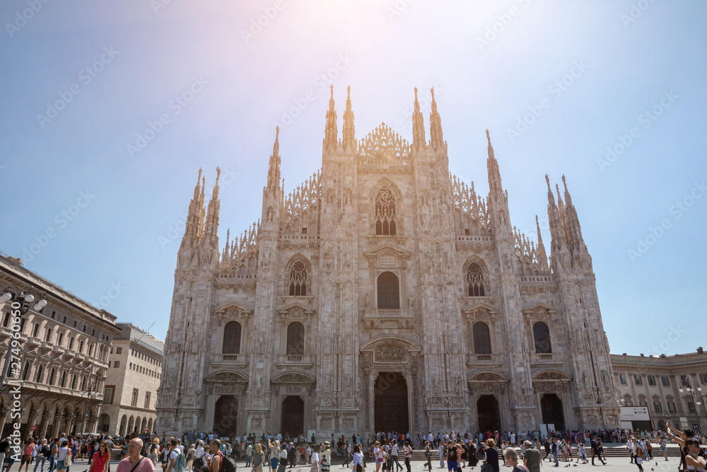 Panoramic view of exterior of Milan Cathedral (Duomo di Milano)