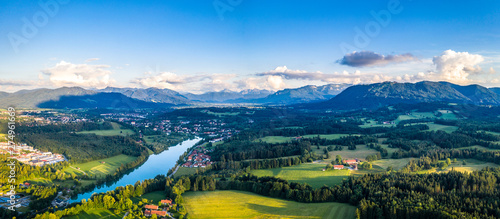 Aerial Panorama Bad Tölz, Isar Valley, Germany Bavaria. Sunset shot in June © cloudless