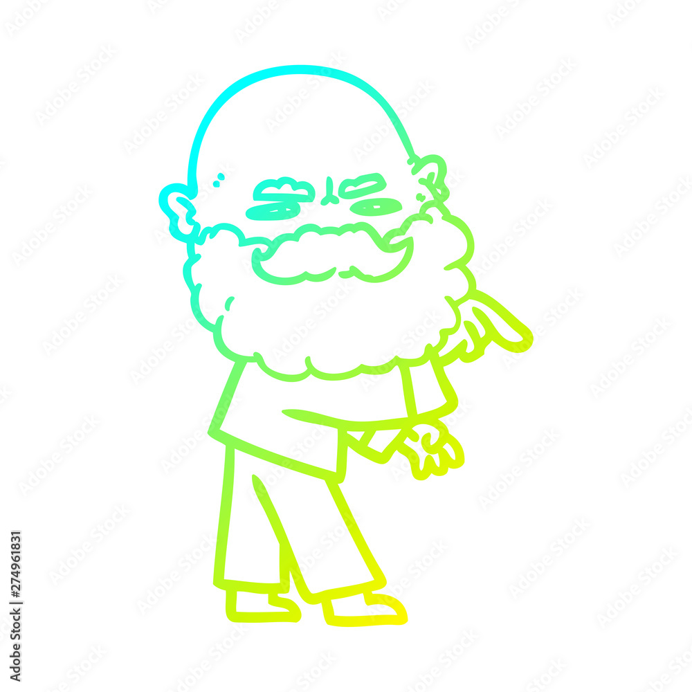 cold gradient line drawing cartoon man with beard frowning and pointing
