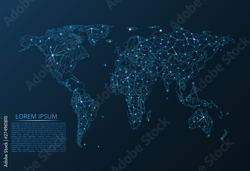 Fototapeta Naklejka Na Ścianę i Meble -  Map of the world communication network. Vector low-poly image of a global map with lights in the form of cities of the world consisting of points and figures in the form of stars and space