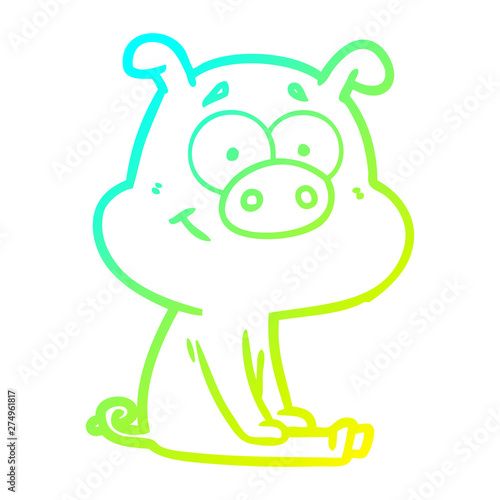 cold gradient line drawing happy cartoon pig sitting