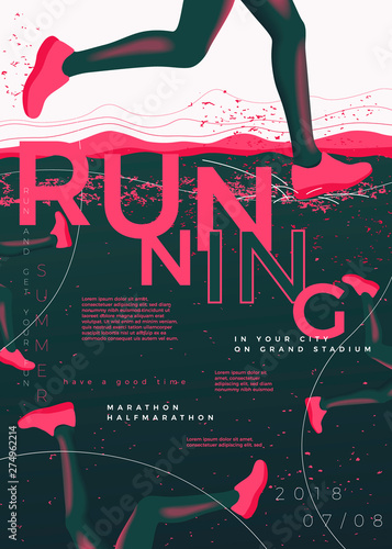 Vector typographic running poster template, with runners, grunge textures, and place for your texts. photo