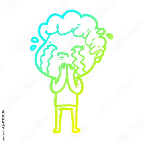 cold gradient line drawing cartoon man crying