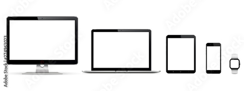Realistic set of monitor, laptop, tablet, smartphone, smartwatch