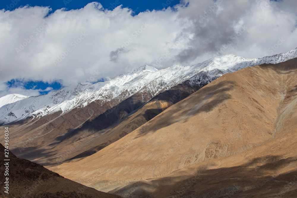 View of majestic rocky mountains in Indian Himalayas, Ladakh region, India. Nature and travel concept
